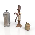 Vintage Metal Items With Rusty Pump Silver Canister And Green Gas Cylinder