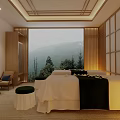 Modern SPA Sauna with Massage Beds Wooden Partitions Large Windows Mountain View and Warm Lighting