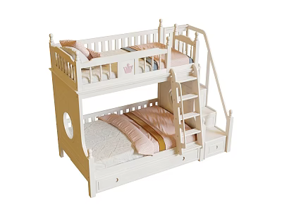 White Wooden Kids Bunk Bed With Ladder Guardrails And Storage Drawers For Children Bedroom Interior 3d model