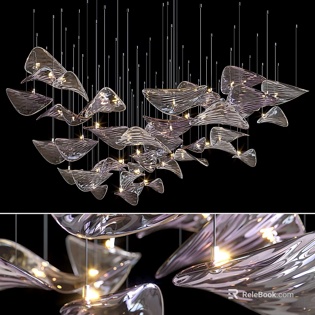 Modern Artistic Glass Chandelier with Leaf Shaped Transparent Petals and Illuminated Design 3d model 