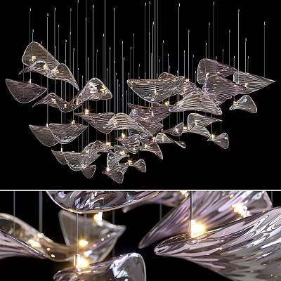 Modern Artistic Glass Chandelier with Leaf Shaped Transparent Petals and Illuminated Design 3d model