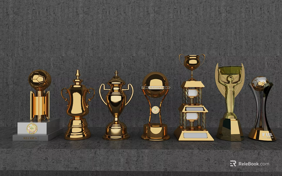 Golden Trophies And Medals Display With Various Designs On Gray Shelf Collection 3d model 