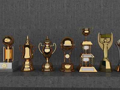 Golden Trophies And Medals Display With Various Designs On Gray Shelf Collection 3d model