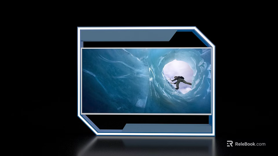 Modern Event Display Wall Featuring Ice Cave Scene With Flying Figure And Blue Border 3d model 