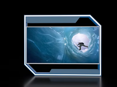 Modern Event Display Wall Featuring Ice Cave Scene With Flying Figure And Blue Border 3d model
