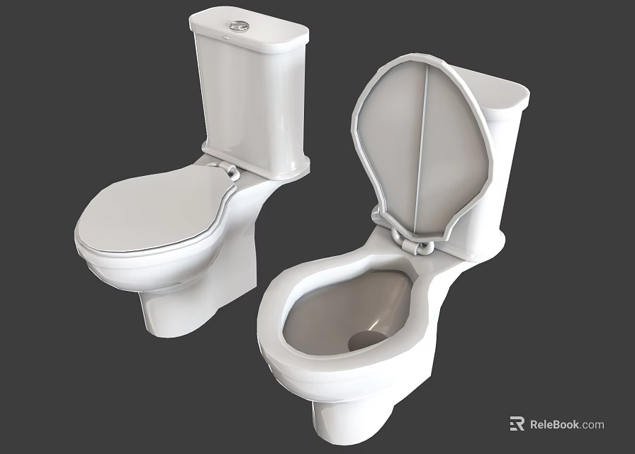 Two white ceramic modern toilets featuring closed lid and open lid design 3d model 