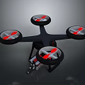Black Quadcopter Drone Featuring Four Red Blades Landing Gear And Bottom Mounted Equipment
