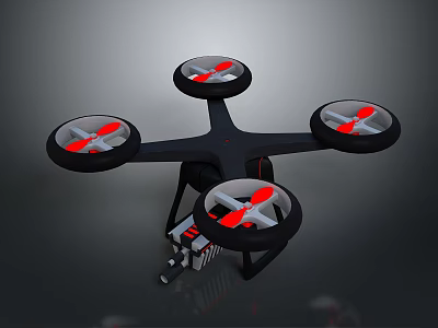 Black Quadcopter Drone Featuring Four Red Blades Landing Gear And Bottom Mounted Equipment 3d model