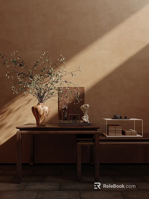 Natural Entryway Cabinet and Side Cabinet with Wooden Vase Branches Figurines Books and Warm Lighting 3d model 