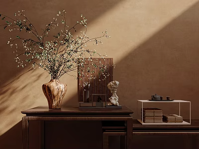 Natural Entryway Cabinet and Side Cabinet with Wooden Vase Branches Figurines Books and Warm Lighting 3d model
