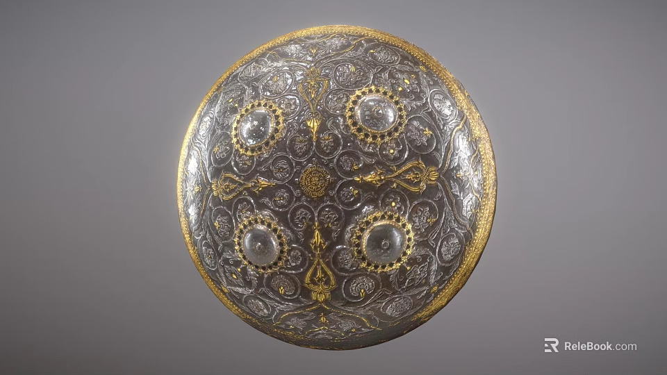 Circular Silver Gray Shield With Golden Border And Intricate Patterns 3d model 