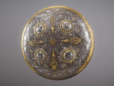 Circular Silver Gray Shield With Golden Border And Intricate Patterns 3d model