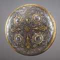 Circular Silver Gray Shield With Golden Border And Intricate Patterns 3d model