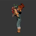 Red Haired Cartoon Character In Black Top Blue Overalls Holding Large Bouquet Of Red Roses