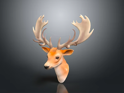 Sculpted Deer Head Decor With Shiny Surface Large Antlers And Orange Hue 3d model