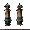 Cartoon Scene Multi Layered Towers With Green Tops Pink Decorations And Golden Details