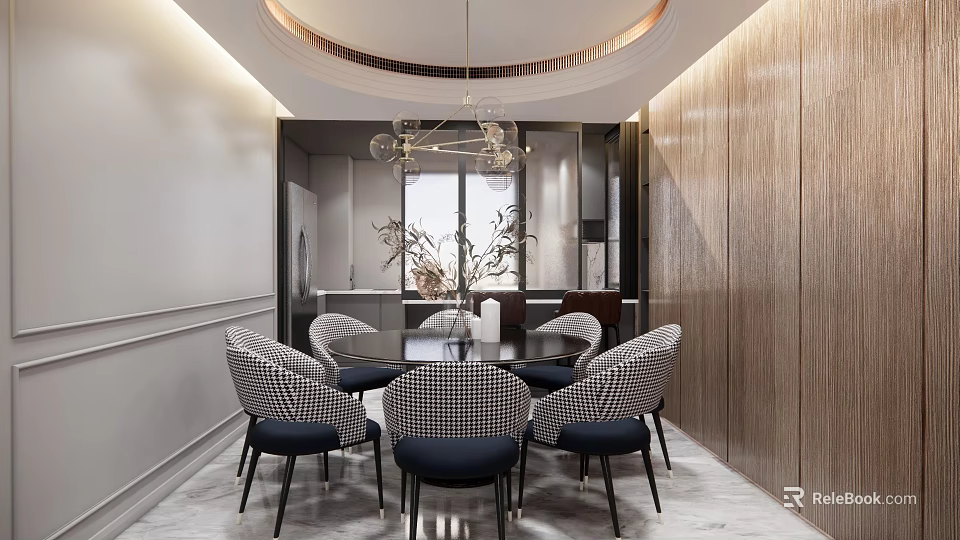 Modern Dining Table Set With Checkered Chairs Hanging Chandelier And Wooden Wall Panel 3d model 