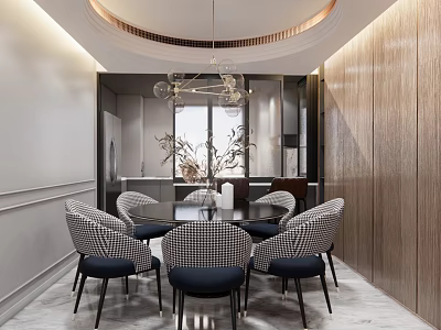Modern Dining Table Set With Checkered Chairs Hanging Chandelier And Wooden Wall Panel 3d model