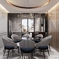 Modern Dining Table Set With Checkered Chairs Hanging Chandelier And Wooden Wall Panel