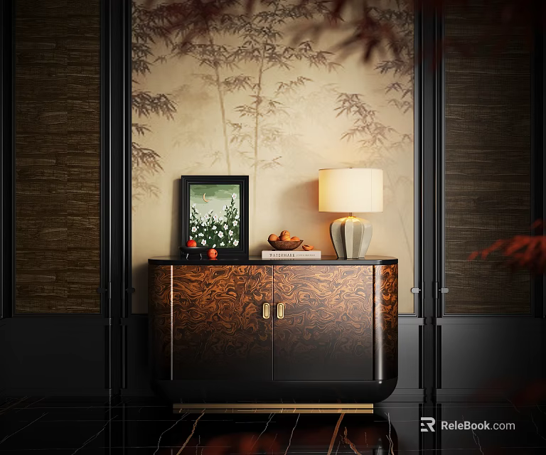Elegant Entryway Cabinet Sideboard With Bamboo Pattern Wall Table Lamp Photo Frame And Decor 3d model 