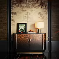Elegant Entryway Cabinet Sideboard With Bamboo Pattern Wall Table Lamp Photo Frame And Decor