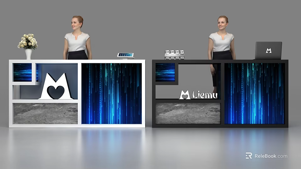 Modern Reception Desk With Liema Logo Blue Digital Lines And Heart Decoration 3d model 