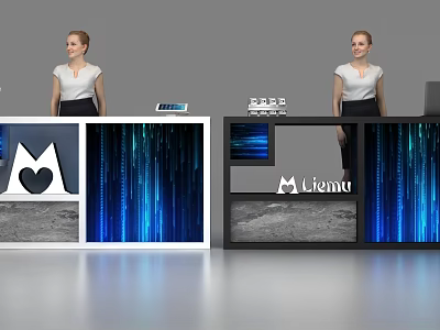 Modern Reception Desk With Liema Logo Blue Digital Lines And Heart Decoration 3d model