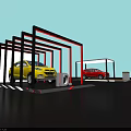 Yellow And Red Cars Parked Under Modern Shelters With VW Signage