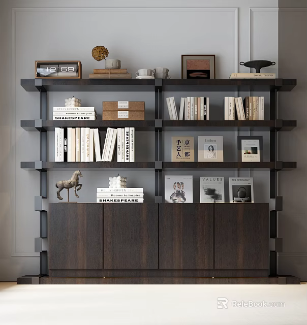 Dark Modern Wooden Bookcase With Shelves Books Decorative Sculptures And Photo Frames 3d model 