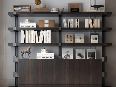 Dark Modern Wooden Bookcase With Shelves Books Decorative Sculptures And Photo Frames 3d model