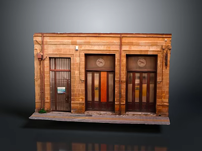 Traditional Brick Building Facade With Wooden Doors Arched Windows And Circular Motifs 3d model