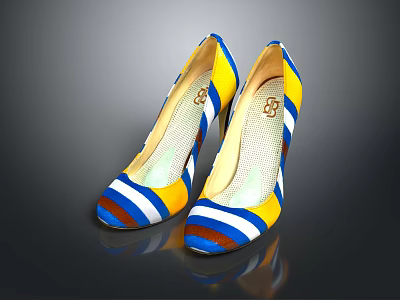 Stylish High Heels With Yellow Blue White Brown Stripes Mesh Design And Stiletto Heel 3d model