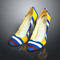 Stylish High Heels With Yellow Blue White Brown Stripes Mesh Design And Stiletto Heel