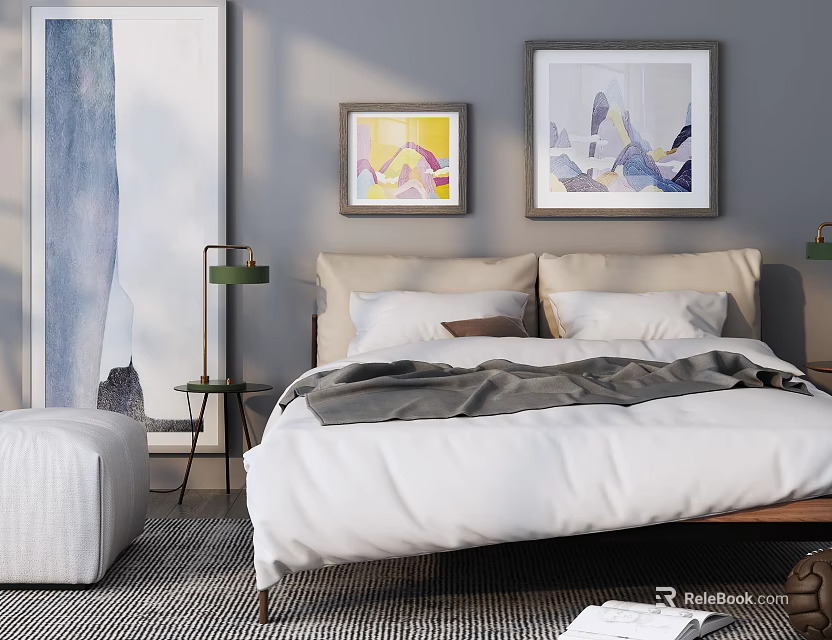Modern Double Bed Bedroom Interior With White Sheets Gray Blanket And Decorative Paintings 3d model 