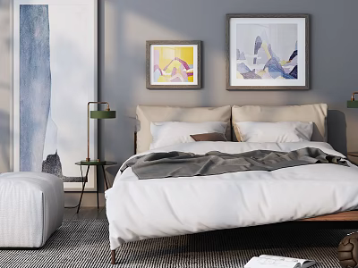 Modern Double Bed Bedroom Interior With White Sheets Gray Blanket And Decorative Paintings 3d model