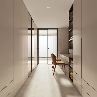 Modern Walk-in Closet Interior Design With Spacious Storage Shelves And Organized Cabinets 3d model