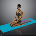 Woman Practicing Yoga On Blue Mat With Cross Legged Pose And Colorful Accessory