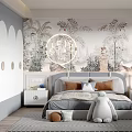 Cozy Kids Room Interior Design With Tropical Leaves Wallpaper Stuffed Rabbit Toy And Desk Chair
