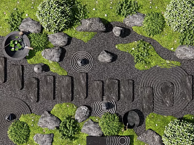 Traditional Karesansui Zen Garden with Stone Arrangements Pebble Paths and Mossy Plants 3d model