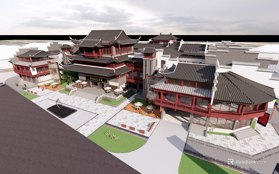 Traditional Chinese Commercial Street With Classic Architecture Black Roofs Red Decorations Courtyard Stone Paved Paths 3d model 