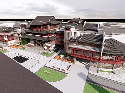 Traditional Chinese Commercial Street With Classic Architecture Black Roofs Red Decorations Courtyard Stone Paved Paths 3d model