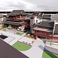 Traditional Chinese Commercial Street With Classic Architecture Black Roofs Red Decorations Courtyard Stone Paved Paths