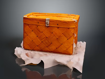 Orange Woven Wicker Storage Box With Decorative Design For Home Organization 3d model