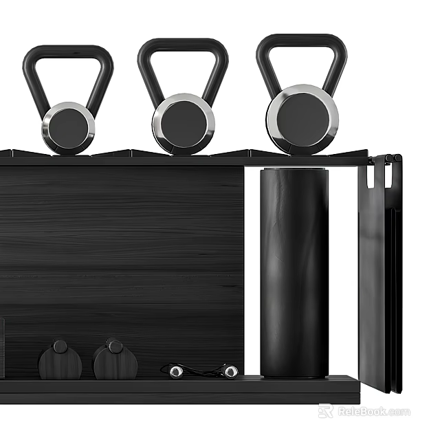 Black Home Gym Fitness Equipment With Kettlebells Yoga Mat And Storage Rack 3d model 