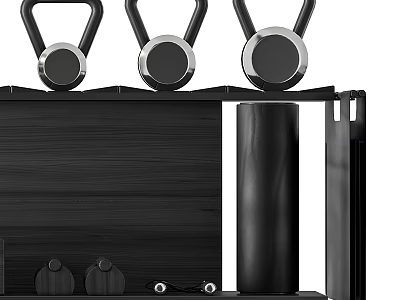 Black Home Gym Fitness Equipment With Kettlebells Yoga Mat And Storage Rack 3d model