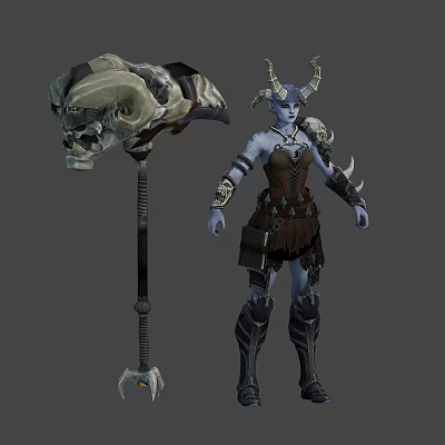 Blue Skinned Horned Warrior in Leather Armor with Giant Beast Skull Staff 3d model