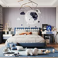 Kids Room Interior Design with Moon Stars Decor Blue White Bed and Stuffed Toys