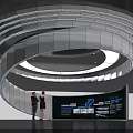 Modern Technology Exhibition Hall With Two People At Display Counter And Spiral Lighting Design