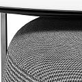 Modern Round Black Coffee Table With Metal Frame And Grey Plaid Cushioned Stool Design