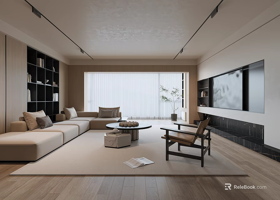 Modern Living Room Interior Beige Sofa Round Coffee Table Wooden Floors Large Window TV Bookshelves 3d model 